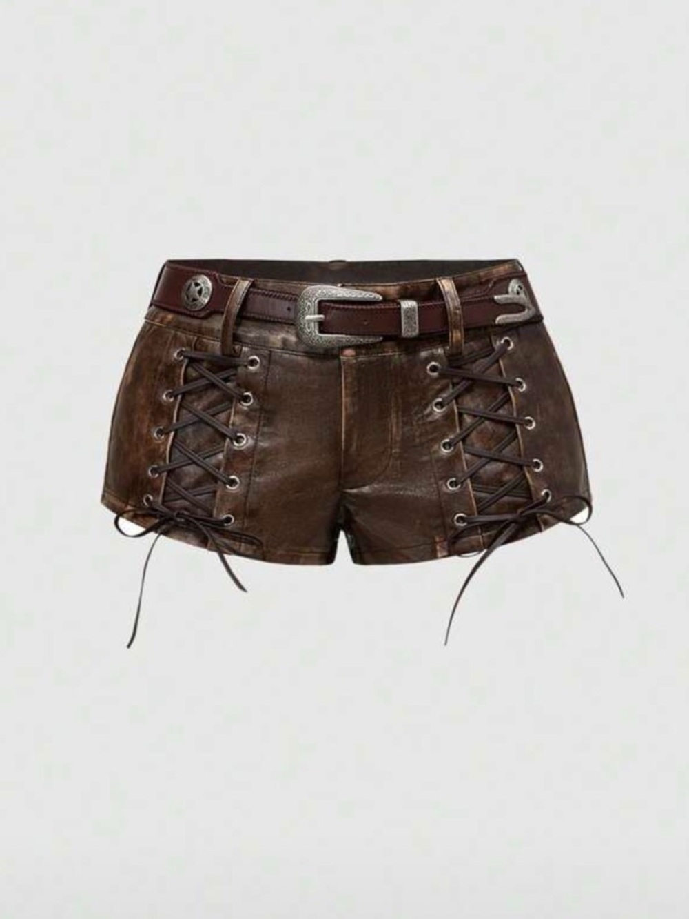 Women's Brown Lace-Up Leather Shorts with Belt